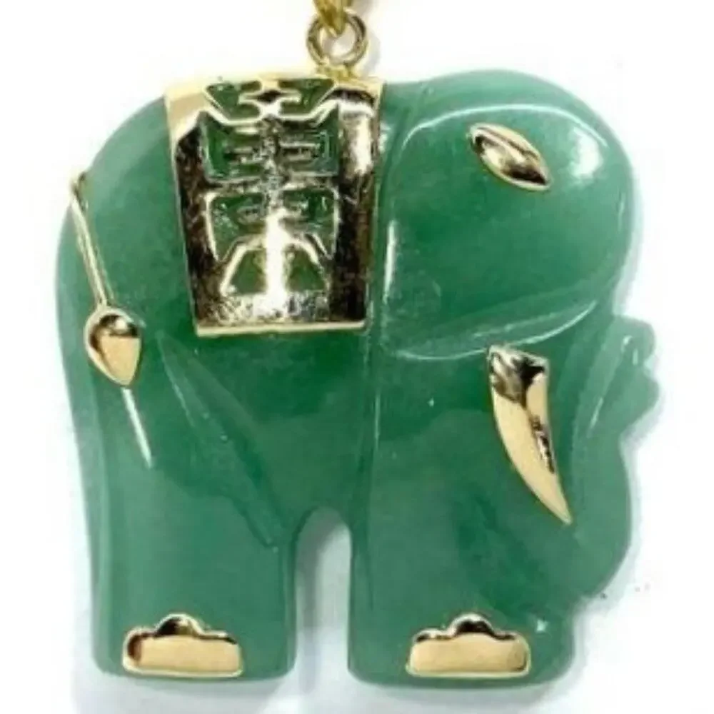 Stamped 14K Yellow Gold Carved Nephrite Jade Elephant Pendant - Picture 4 of 9